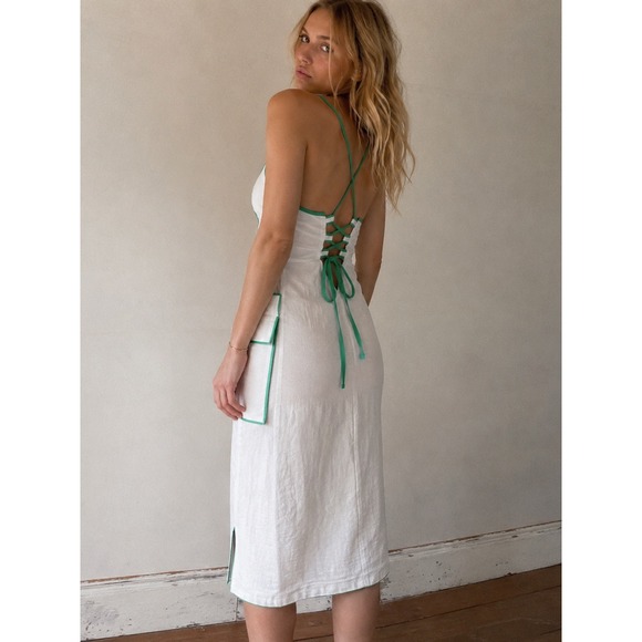 Anthropologie Dresses & Skirts - Anthropologie Celandine White Green Textured Midi Dress Lace Up Back Small